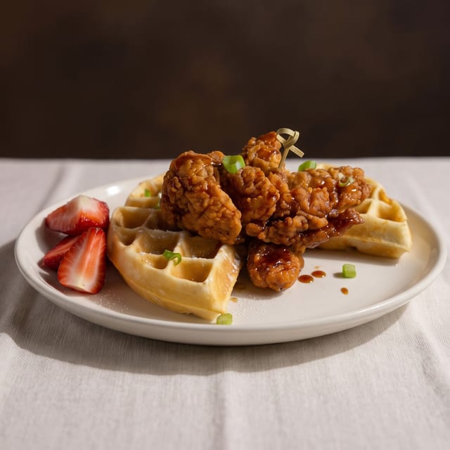 Hot Honey Maple Chicken & Waffles.